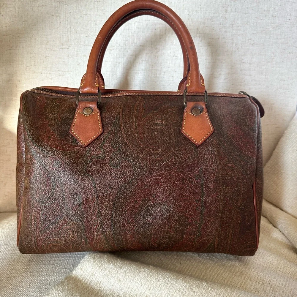Etro Paisley Leather Boston Bag with Lock + Keys + Luggage Tag - Picture 3 of 11
